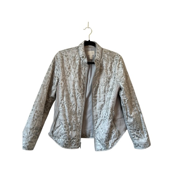 Chico's Jackets & Blazers - Chico's Gray Metallic Animal Print Puffer Lightweight Zip Jacket Women's Sz 1‎